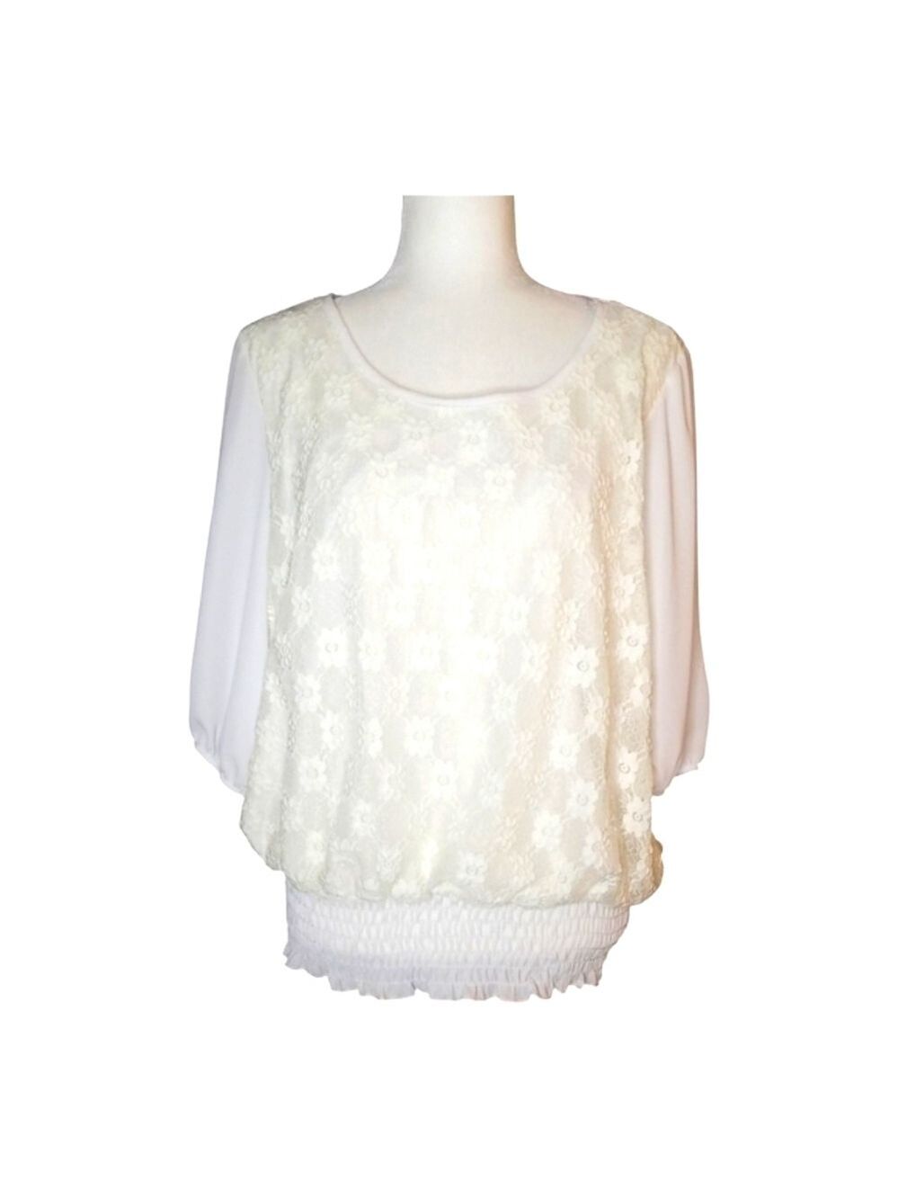 MOA USA White Boxy 3/4 Sleeve Lacey Blouse